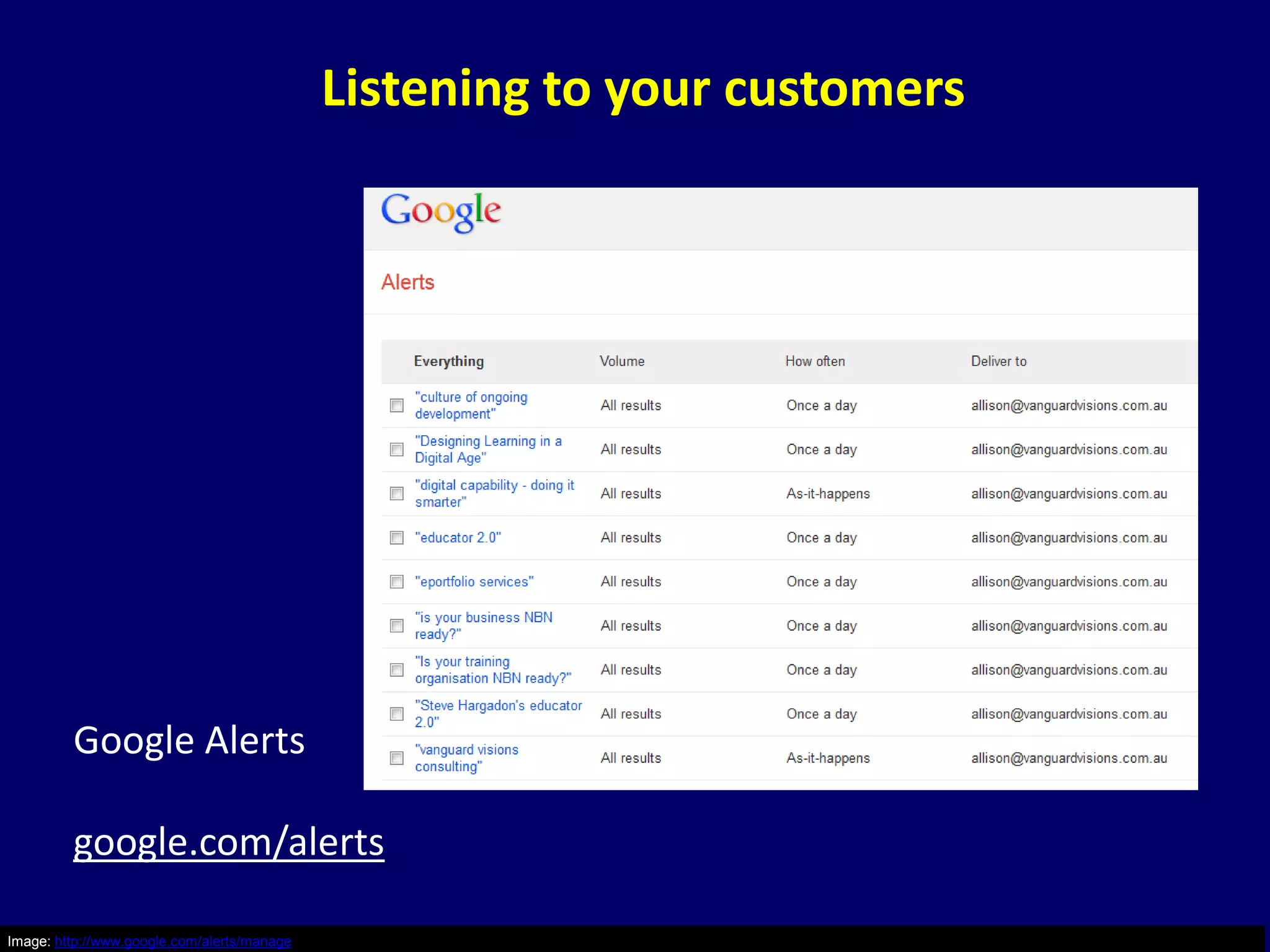 Listening to your customers




         Google Alerts

         google.com/alerts

Image: http://www.google.com/alerts/manage
 