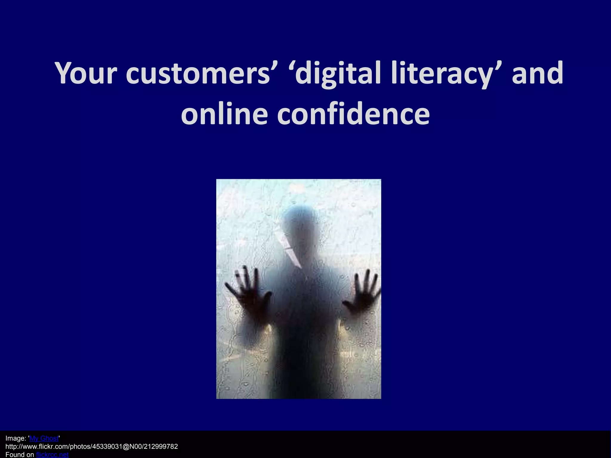 Your customers’ ‘digital literacy’ and
                       online confidence




Image: 'My Ghost'
http://www.flickr.com/photos/45339031@N00/212999782
Found on flickrcc.net
 