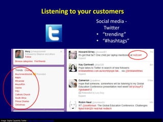 Listening to your customers
                                                                          Social media -
                                                                             Twitter
                                                                          • “trending”
                                                                          • “#hashtags”




Image: Digital Capability Twitter - https://twitter.com/digitalcapabili
 