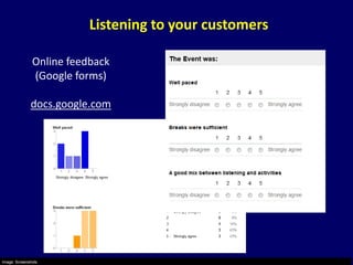 Listening to your customers

               Online feedback
               (Google forms)

              docs.google.com




Image: Screenshots
 
