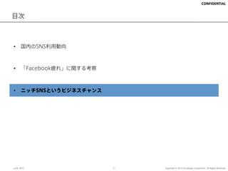 CONFIDENTIAL



目次



•  国内のSNS利用動向



•  「Facebook疲れ」に関する考察



•  ニッチSNSというビジネスチャンス




June, 2012              11   Copyright © 2012 Archetype Corporation.. All Rights Reserved.
 