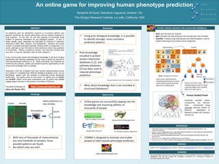 An online game for improving human phenotype prediction
                                                                                Benjamin M Good, Salvatore Loguercio, Andrew I Su
                                                                            The Scripps Research Institute, La Jolla, California, USA


                        ABSTRACT
                             ABSTRACT                                                                          Motivation                                                            Combo: feature selection with community intelligence

An important goal for biomedical research is to produce genetic and                                                                                                           • Goal: pick the best set of genes
genomic predictors for human phenotypes such as disease prognosis or
drug response. To this end, we can now quantify an extremely large
                                                                                  •   Using prior biological knowledge, it is possible                                        • Best: the gene set that produces the best decision tree classifier
number of potential biomarkers for any biological sample. In fact, a                  to identify stronger, more consistent                                                   • Classifier: created using training data and selected genes, used to
single sample could reasonably be described by millions of molecular                                                                                                            predict phenotype (e.g. breast cancer prognosis)
variations in DNA, RNA, proteins, and metabolites. However, the actual
                                                                                      predictive patterns.
number of samples processed typically remains small in comparison. As a
result, attempts to use this data to build predictors often face problems                                                                                                                     A game board                                      A hand
of overfitting. (While a predictive pattern may describe training data
very well, it may not reproduce well on other datasets.)                    •    Prior knowledge
It has recently been shown that biological knowledge in the form of gene
                                                                                 encoded in protein-
annotations and pathway databases can be used to guide the process of            protein interaction
inferring phenotype predictors [1-3]. While promising, such methods are
limited by the amount, quality and problem-specific applicability of the
                                                                                 databases [1,2] and
structured knowledge that is available.                                          pathway databases
                                                                                 [3] has been used to
Following in the line of games that have recently demonstrated success
as a means of ‘crowdsourcing’ difficult biological problems [4,5], we are        improve phenotype
                                                                                                                                                                                                                                                          Inferred
developing games with the purpose of improving human phenotype                   prediction                                                                                            Score: 78 (percent correct)                                        decision tree
predictions. Our games work on two levels: (1) games such as Dizeez
and GenESP collect novel gene annotations and (2) games like Combo                                                                                                                 Game Score: determined by                                                           Phenotype 1
                                                                                                                     Network Guided Forest from Dutkowski et al (2011)
engage players directly in the process of predictor inference.                                                                                                                     estimating performance of trees                                                  Phenotype 2
                                                                                                                                                                                   constructed using the selected                    Feature sets from many

Play game prototypes at:       http://www.genegames.org                           •   What about knowledge that is not recorded in                                                 features on training data.                        individual games used to create
                                                                                                                                                                                                                                     a Decision Tree Forest classifier.
(Also see Poster I03)                                                                 structured databases?                                                                                                                          (Each tree votes once.)

                               Challenge                                                                       Opportunity                                                                                                              Human Guided Forest

                                                                                                                                                                                                                                     Ensemble classifier where
                                              make predictions on                 •   Online games are successfully tapping into the                                                                                                 components are decision
  cancer        normal                        new samples                             knowledge and reasoning abilities of                                                                                                           trees      constructed using
                                                                                      thousands of people.                                                                                                                           manually selected subsets of
                               find patterns                                                                                                                                                                                         features.     Adaptation of
                                                           cancer                                                                                                                                                                    Network Guided and Random
                                                                                                                                                                                                                                     Forests [1].
                                                           normal
                                                                                       Label all images on the Web
                                                                                                                            Devise protein folding algorithms


                                                                                                                                                                                                                      REFERENCES
                                                                                                                                                                         1. Dutkowski and Ideker (2011) Protein Networks as Logic Functions in Development and Cancer. PLoS
                                                                                                                                                                            Computational Biology
                                                                                        Design RNA molecules                   Fix multiple sequence alignments          2. Winter et al (2012) Google Goes Cancer: Improving Outcome Prediction for Cancer Patients by Network-Based
                                                                                                                                                                            Ranking of Marker Genes. PLoS Computational Biology
                                                                                                                                                                         3. Liu et al (2012) Identifying dysregulated pathways in cancers from pathway interaction networks. BMC
                                                                                                                                                                            Bioinformatics
    •    With tens of thousands of measurements                                   •   COMBO is designed to motivate and enable                                           4. Good and Su (2011) Games with a Scientific Purpose. Genome Biology
                                                                                                                                                                         5. Kawrykow et al (2012) Phylo: A Citizen Science Approach for Improving Multiple Sequence Alignment. PLoS One
         but only hundreds of samples, many                                           people to help improve phenotype predictors
         possible patterns are found.                                                                                                                                                                                    CONTACT
    •    But which ones are real?                                                                                                                                        Benjamin Good: bgood@scripps.edu Salvatore Loguercio: loguerci@scripps.edu Andrew Su: asu@scripps.edu


                                                                                                                                                                                                                        FUNDING
                                                                                                     select predictive gene sets
                                                                                                                                                                         We acknowledge support from the National Institute of General Medical Sciences (GM089820 and
                                                                                                                                                                         GM083924) and the NIH through the FaceBase Consortium for a particular emphasis on
                                                                                                                                                                         craniofacial genes (DE-20057).
                                                                                                                                                                         .
 