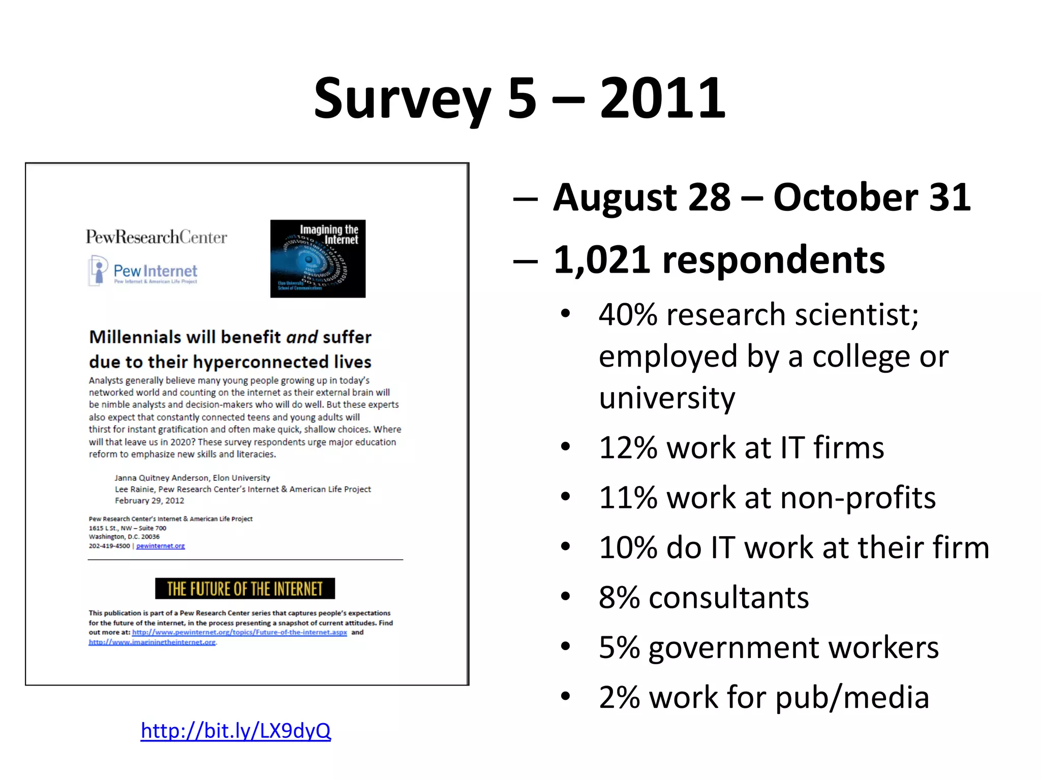 Survey 5 – 2011
                         – August 28 – October 31
                         – 1,021 respondents
                           • 40% research scientist;
                             employed by a college or
                             university
                           • 12% work at IT firms
                           • 11% work at non-profits
                           • 10% do IT work at their firm
                           • 8% consultants
                           • 5% government workers
                           • 2% work for pub/media
http://bit.ly/LX9dyQ
 