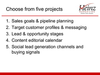 Choose from five projects

1.   Sales goals & pipeline planning
2.   Target customer profiles & messaging
3.   Lead & opportunity stages
4.   Content editorial calendar
5.   Social lead generation channels and
     buying signals
 