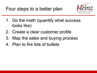 Four steps to a better plan

1. Do the math (quantify what success
   looks like)
2. Create a clear customer profile
3. Map the sales and buying process
4. Plan to fire lots of bullets
 