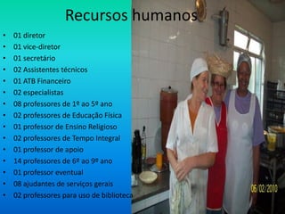 Recursos humanos
•   01 diretor
•   01 vice-diretor
•   01 secretário
•   02 Assistentes técnicos
•   01 ATB Financeiro
•   02 especialistas
•   08 professores de 1º ao 5º ano
•   02 professores de Educação Física
•   01 professor de Ensino Religioso
•   02 professores de Tempo Integral
•   01 professor de apoio
•   14 professores de 6º ao 9º ano
•   01 professor eventual
•   08 ajudantes de serviços gerais
•   02 professores para uso de biblioteca
 