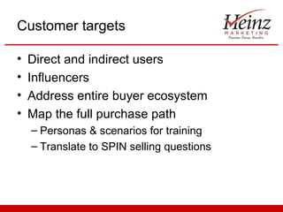Customer targets

•   Direct and indirect users
•   Influencers
•   Address entire buyer ecosystem
•   Map the full purchase path
    – Personas & scenarios for training
    – Translate to SPIN selling questions
 