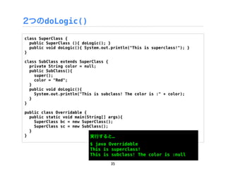 2つのdoLogic()

class SuperClass {
  public SuperClass (){ doLogic(); }
  public void doLogic(){ System.out.println("This is superclass!"); }
}

class SubClass extends SuperClass {
  private String color = null;
  public SubClass(){
    super();
    color = "Red";
  }
  public void doLogic(){
    System.out.println("This is subclass! The color is :" + color);
  }
}

public class Overridable {
  public static void main(String[] args){
    SuperClass bc = new SuperClass();
    SuperClass sc = new SubClass();
  }
}                          実行すると&hellip;
                           $ java Overridable
                           This is superclass!
                           This is subclass! The color is :null

                                    35
 