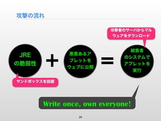 攻撃の流れ

                          攻撃者のサーバからマル
                          ウェアをダウンロード


                              被害者
 JRE         悪意あるア
                             のシステムで
              プレットを
の脆弱性                         アプレットを
             ウェブに公開
                               実行

サンドボックスを回避




       Write once, own everyone!
                 59
 
