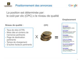 Positionnement des annonces

 La position est déterminée par:
 le coût par clic (CPC) x le niveau de qualité
                                                 Emplacement

Niveau de qualité :                  CPC

- Taux de clics (CTR)
- Mots clés et contenu de
  l’annonce pertinents
- Page de destination
  pertinente
                                 X         =
- Temps de chargement
- D’autres facteurs pertinents




                                                               10
 