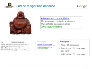 L’art de rédiger une annonce


                  AdWords est comme Haiku
                  Un texte court mais riche de sens
                  Plus difficile que ça en a l’air !
                  www.soyezcreatif.be




                                   Consignes :
                                   • Titre : 25 caractères
                                   • Description : 35 caractères
                                     par ligne
                                   • URL visible : 35 caractères




                                                                   18
 