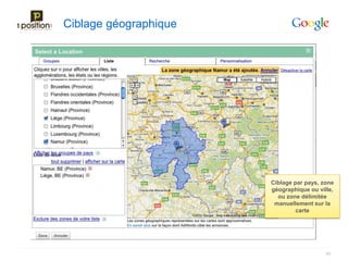Ciblage géographique




                       Ciblage par pays, zone
                       géographique ou ville,
                         ou zone délimitée
                        manuellement sur la
                                carte




                                          45
 