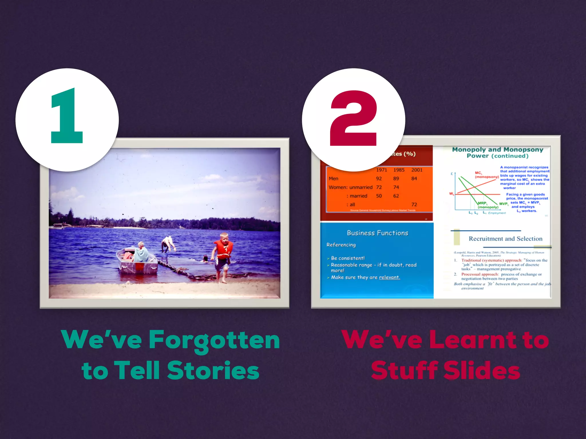 1 2
We’ve Forgotten
to Tell Stories
We’ve Learnt to
Stuff Slides
 