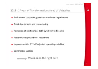 Investor Relations – 2012 Annual Results




2012 : 1st year of Transformation ahead of objectives

   Evolution of corporate governance and new organization

   Asset divestments and restructuring

   Reduction of net financial debt by €3.4bn to €11.3bn

   Faster than expected cost reductions

   Improvement in 2nd half adjusted operating cash flow

   Commercial success


                 Veolia is on the right path
                                                                                                     5
 