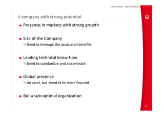 Investor Relations – 2012 Annual Results




A company with strong potential 
  Presence in markets with strong growth

  Size of the Company
    Need to leverage the associated benefits


  Leading technical know‐how
    Need to standardize and disseminate


  Global presence
    An asset, but  need to be more focused


  But a sub‐optimal organization 

                                                                                          51
 