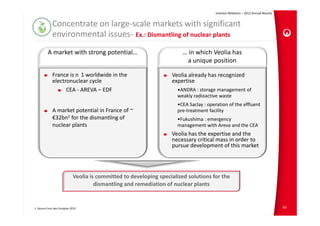 Investor Relations – 2012 Annual Results


             Concentrate on large‐scale markets with significant 
             environmental issues‐ Ex.: Dismantling of nuclear plants
          A market with strong potential…                               … in which Veolia has
                                                                         a unique position

             France is n 1 worldwide in the                        Veolia already has recognized 
             electronuclear cycle                                  expertise
                   CEA ‐ AREVA – EDF                                 •ANDRA : storage management of 
                                                                     weakly radioactive waste
                                                                     •CEA Saclay : operation of the effluent 
             A market potential in France of ~                       pre‐treatment facility
             €32bn1 for the dismantling of                           •Fukushima : emergency 
             nuclear plants                                          management with Areva and the CEA
                                                                   Veolia has the expertise and the 
                                                                   necessary critical mass in order to 
                                                                   pursue development of this market




                            Veolia is committed to developing specialized solutions for the
                                     dismantling and remediation of nuclear plants


1. Source Cour des Comptes 2012                                                                                                   63
 
