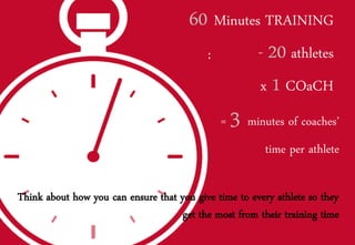60 Minutes TRAINING
                                         :       - 20 athletes
                                                 x 1 COaCH
                                              =   3 minutes of coaches’
                                                         time per athlete

Think about how you can ensure that you give time to every athlete so they
                                     get the most from their training time
 