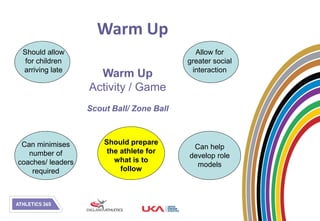 Warm Up
 Should allow                                Allow for
  for children                             greater social
 arriving late                              interaction
                     Warm Up
                   Activity / Game
                   Scout Ball/ Zone Ball



 Can minimises         Should prepare
                                            Can help
   number of            the athlete for
                                           develop role
coaches/ leaders          what is to
                                             models
    required                follow
 