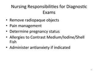 Nursing	
  Responsibili(es	
  for	
  Diagnos(c	
  
Exams	
  
Remove	
  radiopaque	
  objects	
  
Pain	
  management	
  
Determine	
  pregnancy	
  status	
  
Allergies	
  to	
  Contrast	
  Medium/Iodine/Shell	
  
Fish	
  
•  Administer	
  an(anxiety	
  if	
  indicated	
  
• 
• 
• 
• 

22	
  

 