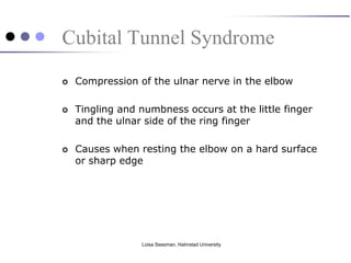 Cubital Tunnel Syndrome
   Compression of the ulnar nerve in the elbow

   Tingling and numbness occurs at the little finger
    and the ulnar side of the ring finger

   Causes when resting the elbow on a hard surface
    or sharp edge




                 Loisa Sessman, Halmstad University
 