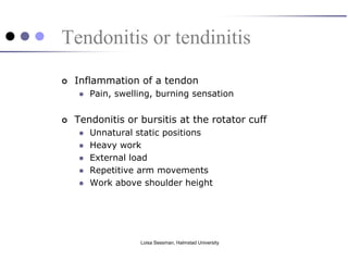 Tendonitis or tendinitis
   Inflammation of a tendon
       Pain, swelling, burning sensation


   Tendonitis or bursitis at the rotator cuff
       Unnatural static positions
       Heavy work
       External load
       Repetitive arm movements
       Work above shoulder height




                   Loisa Sessman, Halmstad University
 