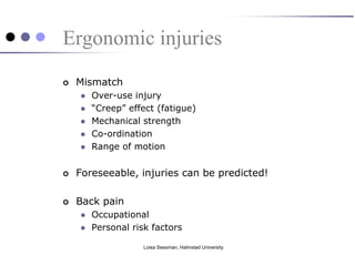 Ergonomic injuries
   Mismatch
       Over-use injury
       “Creep” effect (fatigue)
       Mechanical strength
       Co-ordination
       Range of motion


   Foreseeable, injuries can be predicted!

   Back pain
       Occupational
       Personal risk factors

                    Loisa Sessman, Halmstad University
 