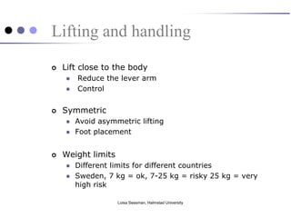 Lifting and handling
   Lift close to the body
       Reduce the lever arm
       Control


   Symmetric
       Avoid asymmetric lifting
       Foot placement


   Weight limits
       Different limits for different countries
       Sweden, 7 kg = ok, 7-25 kg = risky 25 kg = very
        high risk

                    Loisa Sessman, Halmstad University
 