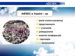 1 7   років сталого розвитку 19   представництв 1100   учасників 50   університетів 40   освітніх конференцій 250   партнерів 2 , 100  випускників AIESEC  в Україні – це 