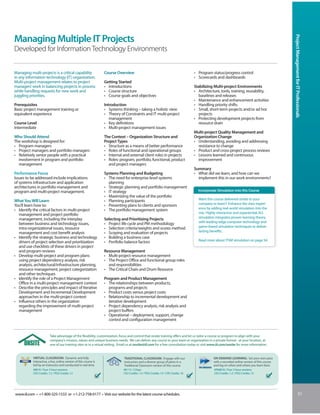 Project Management for IT Professionals
Managing Multiple IT Projects
Developed for Information Technology Environments


Managing multi-projects is a critical capability                   Course Overview                                                   • Program status/progress control
in any information technology (IT) organization.                                                                                     • Scorecards and dashboards
Multi-project management relates to project                        Getting Started
managers’ work in balancing projects in process                    • Introductions                                                   Stabilizing Multi-project Environments
while handling requests for new work and                           • Course structure                                                • Architecture, tools, training, reusability,
juggling priorities.                                               • Course goals and objectives                                       baselines and releases
                                                                                                                                     • Maintenance and enhancement activities
Prerequisites                                                      Introduction                                                      • Handling priority shifts
Basic project management training or                               • Systems thinking – taking a holistic view                       • Small, short-term projects and/or ad hoc
equivalent experience                                              • Theory of Constraints and IT multi-project                        projects
                                                                      management                                                     • Protecting development projects from
Course Level                                                       • Key definitions                                                   resource drain
Intermediate                                                       • Multi-project management issues
                                                                                                                                     Multi-project Quality Management and
Who Should Attend                                                  The Context – Organization Structure and                          Organization Change
The workshop is designed for:                                      Project Types                                                     • Understanding, avoiding and addressing
• Program managers                                                 • Structure as a means of better performance                        resistance to change
• Project managers and portfolio managers                          • Roles of functional and operational groups                      • Product and cross-project process reviews
• Relatively senior people with a practical                        • Internal and external client roles in projects                  • Lessons learned and continuous
  involvement in program and portfolio                             • Roles: program, portfolio, functional, product                    improvement
  management                                                         and project managers
                                                                                                                                     Summary
                                                                   Systems Planning and Budgeting                                    • What did we learn, and how can we
Issues to be addressed include implications                        • The need for enterprise-level systems                             implement this in our work environments?
of systems infrastructure and application                            planning
architectures in portfolio management and                          • Strategic planning and portfolio management
program and multi-project management.                              • IT strategy                                                       Incorporate Simulation into this Course
                                                                   • Maximizing the value of the portfolio
What You Will Learn                                                • Planning participants                                             Want this course delivered onsite to your
You’ll learn how to:                                               • Presenting plans to clients and sponsors                          company or team? Enhance the class experi-
• Identify the critical factors in multi-project                   • The portfolio management system                                   ence by adding real-world simulation into the
  management and project portfolio                                                                                                     mix. Highly interactive and experiential, IIL’s
  management, including the interplay                              Selecting and Prioritizing Projects                                 simulation integrates proven learning theory
  between business and technology issues,                          • Project life cycle and PM methodology                             with leading-edge computer technology and
  intra-organizational issues, resource                            • Selection criteria/weights and scores method                      game-based simulation techniques to deliver
  management and cost benefit analysis                             • Scoping and evaluation of projects                                lasting benefits.
• Identify the strategic business and technology                   • Building a business case
  drivers of project selection and prioritization                  • Portfolio balance factors                                         Read more about ITSM simulation on page 54.
  and use checklists of these drivers in project
  and program reviews                                              Resource Management
• Develop multi-project and program plans                          • Multi-project resource management
  using project dependency analysis, risk                          • The Project Office and functional group roles
  analysis, architectural/infrastructure planning,                   and responsibilities
  resource management, project categorization                      • The Critical Chain and Drum Resource
  and other techniques
• Identify the role of a Project Management                        Program and Product Management
  Office in a multi-project management context                     • The relationships between products,
• Describe the principles and impact of Iterative                    programs and projects
  Development and Incremental Development                          • Product costs versus project costs
  approaches in the multi-project context                          • Relationship to incremental development and
• Influence others in the organization                               iterative development
  regarding the improvement of multi-project                       • Project dependency analysis, risk analysis and
  management                                                         project buffers
                                                                   • Operational – deployment, support, change
                                                                     control and configuration management


                         Take advantage of the flexibility, customization, focus and control that onsite training offers and let us tailor a course or program to align with your
                         company’s mission, values and unique business needs. We can deliver any course to your team or organization in a private format - at your location, at
                         one of our training sites or in a virtual setting. Email us at onsite@iil.com for a free consultation today or visit www.iil.com/onsite for more information.


           VIRTUAL CLASSROOM: Dynamic and fully                               TRADITIONAL CLASSROOM: Engage with our                             ON-DEMAND LEARNING: Set your own pace
           interactive, a live, online version of this course is              instructors and a diverse group of peers in a                      with a recorded online version of this course
           led by an instructor and conducted in real time.                   Traditional Classroom version of this course.                      and log on when and where you learn best.
           #8818 / Four 3-hour sessions                                       #8113 / 2 Days                                                     #PA8818 / Four 3-hour sessions
           CEU Credits: 1.2 / PDU Credits: 12                                 CEU Credits: 1.4 / PDU Credits: 14 / CPE Credits: 16               CEU Credits: 1.2 / PDU Credits: 12




www.iil.com • +1-800-325-1533 or +1-212-758-0177 • Visit our website for the latest course schedules.                                                                                                                 51
 