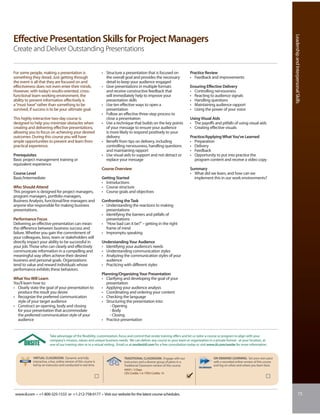 Leadership and Interpersonal Skills
Effective Presentation Skills for Project Managers
Create and Deliver Outstanding Presentations


For some people, making a presentation is                           • Structure a presentation that is focused on                Practice Review
something they dread. Just getting through                            the overall goal and provides the necessary                • Feedback and improvements
the event is all that they are focused on and                         detail to keep your audience engaged
effectiveness does not even enter their minds.                      • Give presentations in multiple formats                     Ensuring Effective Delivery
However, with today’s results-oriented, cross-                        and receive constructive feedback that                     • Controlling nervousness
functional team working environment, the                              will immediately help to improve your                      • Reacting to audience signals
ability to present information effectively is                         presentation skills                                        • Handling questions
a “must have” rather than something to be                           • Use ten effective ways to open a                           • Maintaining audience rapport
survived, if success is to be your ultimate goal.                     presentation                                               • Using the power of your voice
                                                                    • Follow an effective three-step process to
This highly interactive two-day course is                             close a presentation                                       Using Visual Aids
designed to help you minimize obstacles when                        • Use a technique that builds on the key points              • The payoffs and pitfalls of using visual aids
creating and delivering effective presentations,                      of your message to ensure your audience                    • Creating effective visuals
allowing you to focus on achieving your desired                       is more likely to respond positively to your
outcomes. During this course you will have                            delivery                                                   Practice/Applying What You’ve Learned
ample opportunities to present and learn from                       • Benefit from tips on delivery, including                   • Preparation
practical experience.                                                 controlling nervousness, handling questions                • Delivery
                                                                      and maintaining rapport                                    • Feedback
Prerequisites                                                       • Use visual aids to support and not detract or              • Opportunity to put into practice the
Basic project management training or                                  replace your message                                         program content and receive a video copy
equivalent experience
                                                                    Course Overview                                              Summary
Course Level                                                                                                                     • What did we learn, and how can we
Basic/Intermediate                                                  Getting Started                                                implement this in our work environments?
                                                                    • Introductions
Who Should Attend                                                   • Course structure
This program is designed for project managers,                      • Course goals and objectives
program managers, portfolio managers,
Business Analysts, functional/line managers and                     Confronting the Task
anyone else responsible for making business                         • Understanding the reactions to making
presentations.                                                        presentations
                                                                    • Identifying the barriers and pitfalls of
Performance Focus                                                     presentations
Delivering an effective presentation can mean                       • “How bad can it be?” – getting in the right
the difference between business success and                           frame of mind
failure. Whether you gain the commitment of                         • Impromptu speaking
your colleagues, boss, team or stakeholders will
directly impact your ability to be successful in                    Understanding Your Audience
your job. Those who can clearly and effectively                     • Identifying your audience’s needs
communicate information in a compelling and                         • Understanding communication styles
meaningful way often achieve their desired                          • Analyzing the communication styles of your
business and personal goals. Organizations                            audience
tend to value and reward individuals whose                          • Practicing with different styles
performance exhibits these behaviors.
                                                                    Planning/Organizing Your Presentation
What You Will Learn                                                 • Clarifying and developing the goal of your
You’ll learn how to:                                                   presentation
• Clearly state the goal of your presentation to                    • Applying your audience analysis
  produce the result you desire                                     • Coordinating and ordering your content
• Recognize the preferred communication                             • Checking the language
  style of your target audience                                     • Structuring the presentation into:
• Construct an opening, body and closing                                 - Opening
  for your presentation that accommodate                                 - Body
  the preferred communication style of your                              - Closing
  audience                                                          • Practice presentation


                          Take advantage of the flexibility, customization, focus and control that onsite training offers and let us tailor a course or program to align with your
                          company’s mission, values and unique business needs. We can deliver any course to your team or organization in a private format - at your location, at
                          one of our training sites or in a virtual setting. Email us at onsite@iil.com for a free consultation today or visit www.iil.com/onsite for more information.


            VIRTUAL CLASSROOM: Dynamic and fully                                 TRADITIONAL CLASSROOM: Engage with our                         ON-DEMAND LEARNING: Set your own pace
            interactive, a live, online version of this course is                instructors and a diverse group of peers in a                  with a recorded online version of this course
            led by an instructor and conducted in real time.                     Traditional Classroom version of this course.                  and log on when and where you learn best.
                                                                                 #5031 / 2 Days
                                                                                 CEU Credits: 1.4 / PDU Credits: 14




 www.iil.com • +1-800-325-1533 or +1-212-758-0177 • Visit our website for the latest course schedules.                                                                                                             73
 