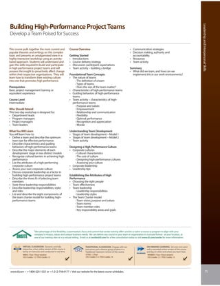 Leadership and Interpersonal Skills
Building High-Performance Project Teams
Develop a Team Poised for Success

This course pulls together the most current and                     Course Overview                                              • Communication strategies
popular theories and writings on this complex                                                                                    • Decision making, authority and
topic and presents an amalgamated view in a                         Getting Started                                                accountability
highly-interactive workshop using an activity-                      • Introductions                                              • Resources
based approach. Students will understand and                        • Course delivery strategy                                   • Team activity
gain the skills required to build and participate                   • Discussion: participant expectations
in high-performance project teams and will                          • Team activity – building a bridge                          Summary
possess the insight to proactively affect change                                                                                 • What did we learn, and how can we
within their respective organizations. They will                    Foundational Team Concepts                                     implement this in our work environments?
learn how to transform their existing culture                       • The nature of teams
into one that promotes high performance.                                - The definition of a team
                                                                        - Types of teams
Prerequisites                                                           - Does the size of the team matter?
Basic project management training or                                • Characteristics of high-performance teams
equivalent experience                                               • Guiding behaviors of high-performance
                                                                      teams
Course Level                                                        • Team activity – characteristics of high-
Intermediate                                                          performance teams
                                                                        - Purpose and values
Who Should Attend                                                       - Empowerment
This two-day workshop is designed for:                                  - Relationship and communication
• Department heads                                                      - Flexibility
• Program managers                                                      - Optimal performance
• Project managers                                                      - Recognition and appreciation
• Team leaders                                                          - Morale

What You Will Learn                                                 Understanding Team Development
You will learn how to:                                              • Stages of team development – Model 1
• Define a team and describe the optimum                            • Stages of team development – Model 2
  team size for effective performance                               • Team activity
• Describe characteristics and guiding
  behaviors of high-performance teams                               Designing a High-Performance Culture
• Describe the major elements of each                               • Corporate cultures
  development stage in two distinct models                              - Cultural characteristics
• Recognize cultural barriers in achieving high                         - The cost of culture
  performance                                                           - Designing high-performance cultures
• List the attributes of a high-performing                              - Assessing your culture
  corporate culture                                                 • Corporate leadership
• Assess your own corporate culture                                 • Leadership tips
• Discuss corporate leadership as a factor in
  building high-performance project teams                           Establishing the Attributes of High
• Describe the three A’s of selecting team                          Performance
  members                                                           • Choosing the right people
• State three leadership responsibilities                           • Team effectiveness
• Describe leadership responsibilities, styles                      • Team leadership
  and roles                                                             - Leadership responsibilities
• List and describe the eight components of                             - Leadership styles
  the team charter model for building high-                         • The Team Charter model
  performance teams                                                     - Team vision, purpose and values
                                                                        - Team norms
                                                                        - Team member roles
                                                                        - Key responsibility areas and goals




                          Take advantage of the flexibility, customization, focus and control that onsite training offers and let us tailor a course or program to align with your
                          company’s mission, values and unique business needs. We can deliver any course to your team or organization in a private format - at your location, at
                          one of our training sites or in a virtual setting. Email us at onsite@iil.com for a free consultation today or visit www.iil.com/onsite for more information.


            VIRTUAL CLASSROOM: Dynamic and fully                                 TRADITIONAL CLASSROOM: Engage with our                         ON-DEMAND LEARNING: Set your own pace
            interactive, a live, online version of this course is                instructors and a diverse group of peers in a                  with a recorded online version of this course
            led by an instructor and conducted in real time.                     Traditional Classroom version of this course.                  and log on when and where you learn best.
            #8805 / Four 3-hour sessions                                         #7005 / 2 Days                                                  #PA8805 / Four 3-hour sessions
            CEU Credits: 1.2 / PDU Credits: 12                                   CEU Credits: 1.4 / PDU Credits: 14                              CEU Credits: 1.2 / PDU Credits: 12




 www.iil.com • +1-800-325-1533 or +1-212-758-0177 • Visit our website for the latest course schedules.                                                                                                             75
 