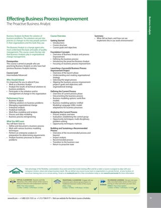 Business Analysis
Effecting Business Process Improvement
The Proactive Business Analyst


Business Analysts facilitate the solution of                        Course Overview                                              Summary
business problems. The solutions are put into                                                                                    • What did we learn, and how can we
practice as changes to the way people perform                       Getting Started                                                implement this in our work environments?
in their organizations and the tools they use.                      • Introductions
                                                                    • Course structure
The Business Analyst is a change agent who                          • Course goals and objectives
must understand the basic principles of quality
management. This course covers the key role                         Foundation Concepts
that Business Analysts play in organizational                       • Overview of Business Analysis and process
change management.                                                    improvement
                                                                    • Defining the business process
Prerequisites                                                       • Introducing the proactive Business Analyst
This course is aimed at people who are                              • Focusing on business process improvement
practicing Business Analysts or who have had
previous Business Analysis training.                                Launching a Successful Business Process
                                                                    Improvement Project
Course Level                                                        • Overview of the launch phase
Intermediate/Advanced                                               • Understanding and creating organizational
                                                                      strategy
Who Should Attend                                                   • Selecting the target process
It is important for you to attend if you:                           • Aligning the business process improvement
• Work as a Business Analyst                                          project’s goals and objectives with
• Analyze the results of technical solutions to                       organizational strategy
    business problems
• Participate in the initiation and/or                              Defining the Current Process
    management of change in the organization                        • Overview of current process phase
                                                                    • Documenting the business process
Performance Focus                                                   • Business modeling options: work-flow
• Business Analysis                                                   models
• Defining solutions to business problems                           • Business modeling options: Unified
• Managing organizational change                                      Modeling Language (UML) model
• Enterprise analysis                                                 adaptations for business processes
• Analytical methods
• Work-flow modeling and analysis                                   Analyzing the Current Process
• Process and data modeling                                         • Process analysis overview
• Business process reengineering                                    • Evaluation: establishing the control group
                                                                    • Opportunity techniques: multi-disciplinary
What You Will Learn                                                   problem-solving
You will learn how to:                                              • Opportunity techniques: matrices
• Define and document a business process
• Work with various business modeling                               Building and Sustaining a Recommended
  techniques                                                        Process
• Perform an enterprise analysis in                                 • Overview of the recommended process and
  preparation for determining requirements                            beyond
• Analyze business processes to discern                             • Impact analysis
  problems                                                          • Recommended process
                                                                    • Transition to the business case
                                                                    • Return to proactive state




                          Take advantage of the flexibility, customization, focus and control that onsite training offers and let us tailor a course or program to align with your
                          company’s mission, values and unique business needs. We can deliver any course to your team or organization in a private format - at your location, at
                          one of our training sites or in a virtual setting. Email us at onsite@iil.com for a free consultation today or visit www.iil.com/onsite for more information.


            VIRTUAL CLASSROOM: Dynamic and fully                                 TRADITIONAL CLASSROOM: Engage with our                         ON-DEMAND LEARNING: Set your own pace
            interactive, a live, online version of this course is                instructors and a diverse group of peers in a                  with a recorded online version of this course
            led by an instructor and conducted in real time.                     Traditional Classroom version of this course.                  and log on when and where you learn best.
            #8925 / Four 3-hour sessions                                         #3025 / 2 Days                                                 #PA8925 / Four 3-hour sessions
            1.2 CEUs / 12 PDUs / 12 PD Hours / 12 CDUs                           1.4 CEUs / 14 PDUs / 14 PD Hours / 14 CDUs                     1.2 CEUs / 12 PDUs / 12 PD Hours / 12 CDUs




 www.iil.com • +1-800-325-1533 or +1-212-758-0177 • Visit our website for the latest course schedules.                                                                                                   91
 