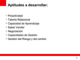 Aptitudes a desarrollar:

•   Proactividad
•   Talento Relacional
•   Capacidad de Aprendizaje
•   Saber Vender
•   Negociación
•   Capacidades de Gestión
•   Gestión del Riesgo y del cambio




                                      31
 