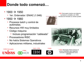 Donde todo comenzó…
 • 1900  1950                                       1886: Burroughs inventa una máquina
      • 1er. Ordenador: ENIAC (1.946)                   sumadora y contable y en 1920,
                                                    introduce al mercado su versión portátil

 • 1950  1960
      • Procesos batch y control de
        autómatas.
      • Recursos HW muy limitados
      • Código máquina
         • Incluso programación “cableada”
      • Procesadores RISC
      • No había Sistemas Operativos
      • Aplicaciones militares, industriales

                             1911: CTR    1939:
1876: Burroughs
                                                    •1949: Remington Rand produce el
                    1884:
                                                     primer ordenador para negocios,
                                                     conocido comercialmente como
                                                                UNIVAC




                                                                                          6
 