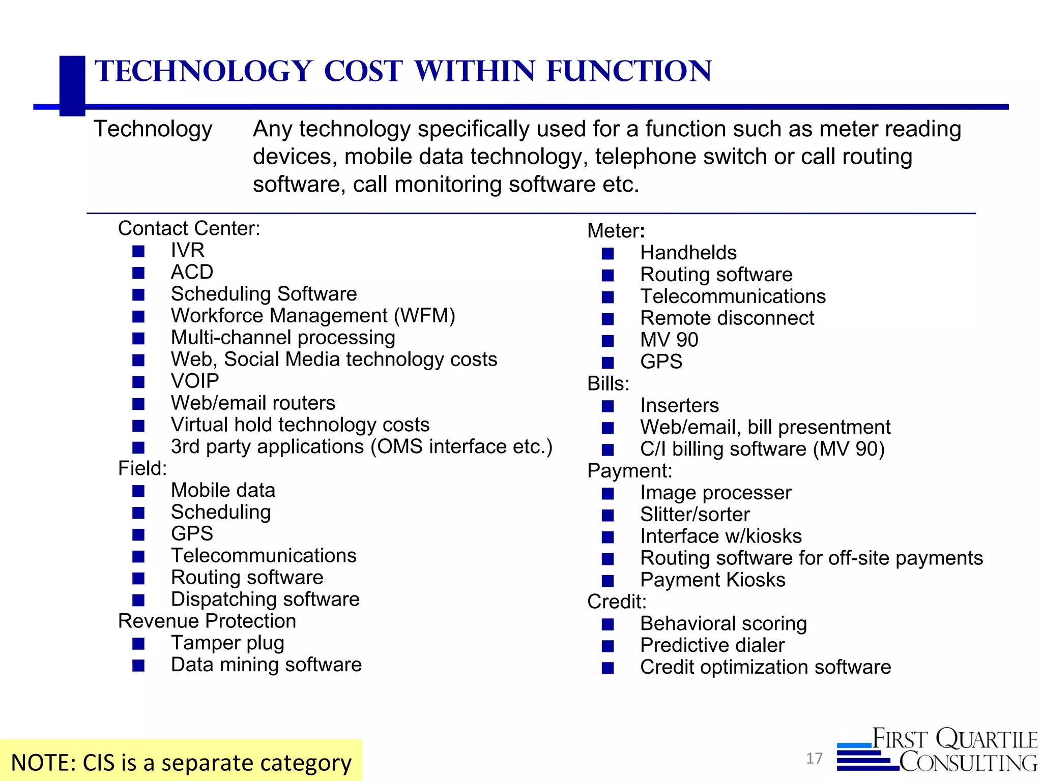 Technology Cost Within Function
       Technology       Any technology specifically used for a function such as meter reading
                        devices, mobile data technology, telephone switch or call routing
                        software, call monitoring software etc.
          Contact Center:                                  Meter:
           ◼ IVR                                            ◼ Handhelds
           ◼ ACD                                            ◼ Routing software
           ◼ Scheduling Software                            ◼ Telecommunications
           ◼ Workforce Management (WFM)                     ◼ Remote disconnect
           ◼ Multi-channel processing                       ◼ MV 90
           ◼ Web, Social Media technology costs             ◼ GPS
           ◼ VOIP                                          Bills:
           ◼ Web/email routers                              ◼ Inserters
           ◼ Virtual hold technology costs                  ◼ Web/email, bill presentment
           ◼ 3rd party applications (OMS interface etc.)    ◼ C/I billing software (MV 90)
          Field:                                           Payment:
           ◼ Mobile data                                    ◼ Image processer
           ◼ Scheduling                                     ◼ Slitter/sorter
           ◼ GPS                                            ◼ Interface w/kiosks
           ◼ Telecommunications                             ◼ Routing software for off-site payments
           ◼ Routing software                               ◼ Payment Kiosks
           ◼ Dispatching software                          Credit:
          Revenue Protection                                ◼ Behavioral scoring
           ◼ Tamper plug                                    ◼ Predictive dialer
           ◼ Data mining software                           ◼ Credit optimization software




NOTE: CIS is a separate category                                                 17
 