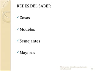 REDES DEL SABER

 Cosas


 Modelos 


 Semejantes 


 Mayores



                  Movimientos Sobre Desescolarización
                  de la Sociedad.                       15
 