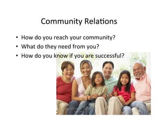 Community	
  Rela%ons	
  
•  How	
  do	
  you	
  reach	
  your	
  community?	
  
•  What	
  do	
  they	
  need	
  from	
  you?	
  
•  How	
  do	
  you	
  know	
  if	
  you	
  are	
  successful?	
  




                           ©2012,	
  BrightScribe,	
  Inc.	
  All	
  rights	
  
                                                                                  8	
  
                                         Reserved.	
  
 