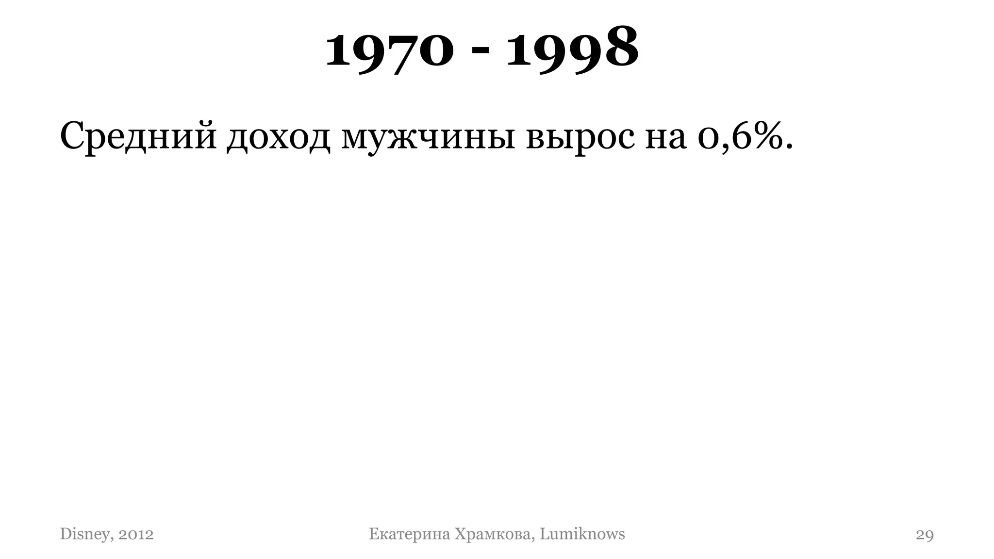 1970 - 1998
 Средний доход мужчины вырос на 0,6%.
 Средний доход женщины вырос на 63%.




29 ©2009 2012
 Disney, Lumiknows    Екатерина Храмкова, Lumiknows   29
 