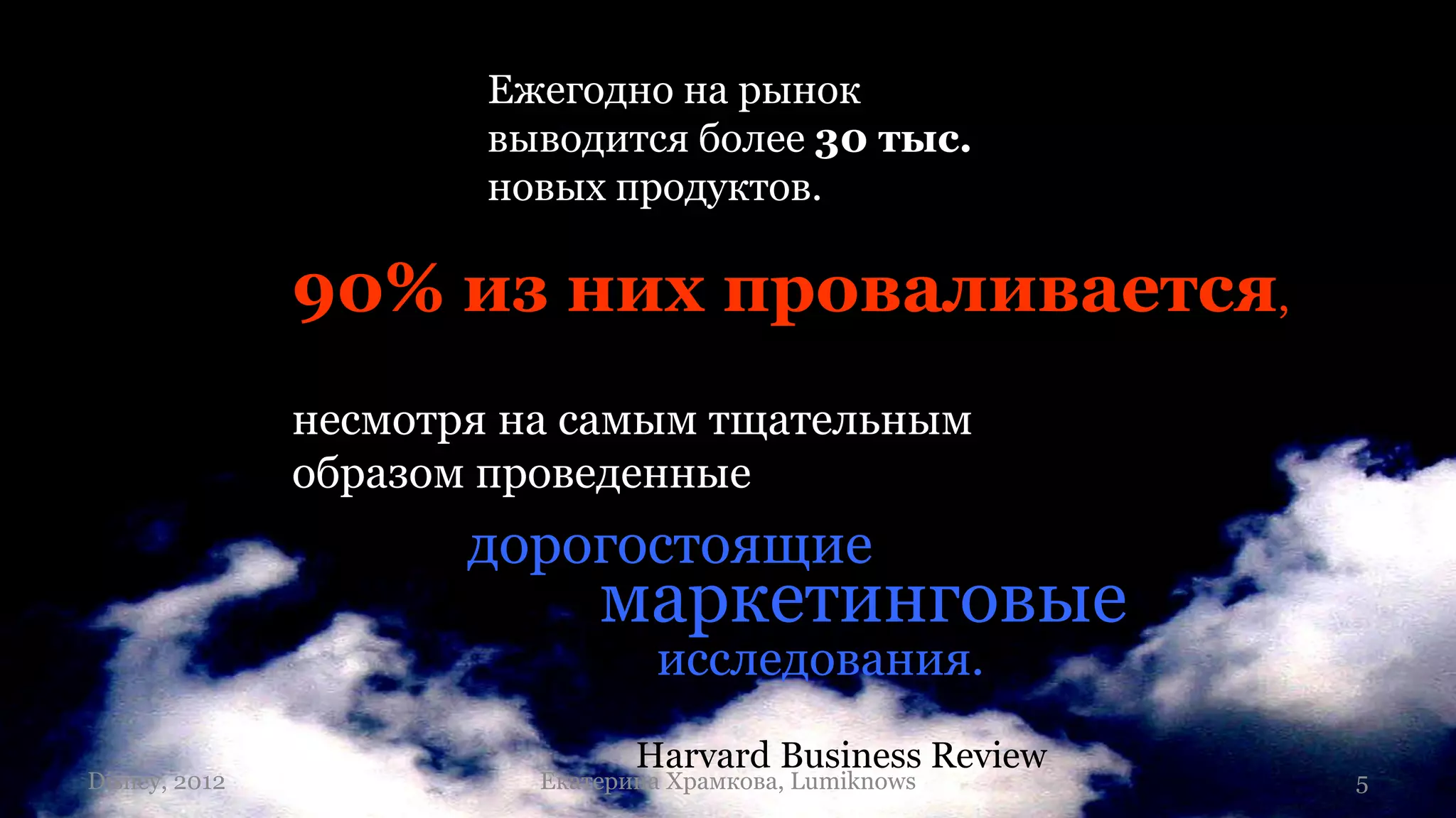 Ежегодно на рынок
                       выводится более 30 тыс.
                       новых продуктов.

               90% из них проваливается,
               несмотря на самым тщательным
               образом проведенные
                      дорогостоящие
                             маркетинговые
                                  исследования.
                                Harvard Business Review
Disney, 2012             Екатерина Храмкова, Lumiknows    5
 