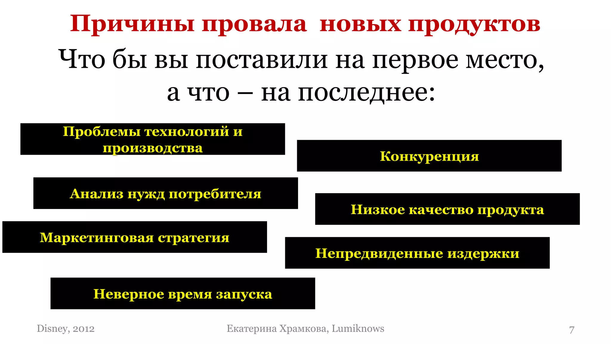 Причины провала новых продуктов
    Что бы вы поставили на первое место,
            а что – на последнее:
     Проблемы технологий и
         производства
                                                       Конкуренция

      Анализ нужд потребителя
                                                 Низкое качество продукта

Маркетинговая стратегия
                                           Непредвиденные издержки

           Неверное время запуска

Disney, 2012               Екатерина Храмкова, Lumiknows                    7
 