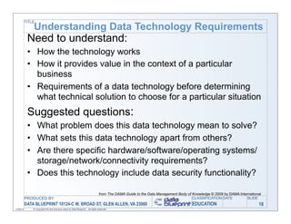 TITLE
               Understanding Data Technology Requirements
            Need to understand:
            • How the technology works
            • How it provides value in the context of a particular
              business
            • Requirements of a data technology before determining
              what technical solution to choose for a particular situation
            Suggested questions:
            • What problem does this data technology mean to solve?
            • What sets this data technology apart from others?
            • Are there specific hardware/software/operating systems/
              storage/network/connectivity requirements?
            • Does this technology include data security functionality?

                                                                                   from The DAMA Guide to the Data Management Body of Knowledge © 2009 by DAMA International
           PRODUCED BY                                                                                                                CLASSIFICATION DATE          SLIDE
           DATA BLUEPRINT 10124-C W. BROAD ST, GLEN ALLEN, VA 23060                                                                   EDUCATION                           18
11/06/12       © Copyright this and previous years by Data Blueprint - all rights reserved!
 
