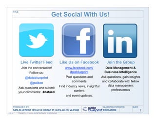 TITLE

                                                                               Get Social With Us!




                    Live Twitter Feed                                                         Like Us on Facebook               Join the Group
                     Join the conversation!                                                       www.facebook.com/            Data Management &
                                     Follow us:                                                     datablueprint              Business Intelligence
                            @datablueprint                                                        Post questions and         Ask questions, gain insights
                                                                                                      comments               and collaborate with fellow
                                      @paiken
                                                                                              Find industry news, insightful     data management
                   Ask questions and submit
                                                                                                         content                   professionals
                   your comments: #dataed
                                                                                                  and event updates.


           PRODUCED BY                                                                                                       CLASSIFICATION DATE   SLIDE
           DATA BLUEPRINT 10124-C W. BROAD ST, GLEN ALLEN, VA 23060                                                          EDUCATION                     2
11/06/12       © Copyright this and previous years by Data Blueprint - all rights reserved!
 