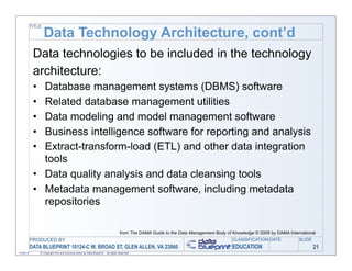 TITLE

                   Data Technology Architecture, cont’d
            Data technologies to be included in the technology
            architecture:
            • Database management systems (DBMS) software
            • Related database management utilities
            • Data modeling and model management software
            • Business intelligence software for reporting and analysis
            • Extract-transform-load (ETL) and other data integration
              tools
            • Data quality analysis and data cleansing tools
            • Metadata management software, including metadata
              repositories

                                                                                    from The DAMA Guide to the Data Management Body of Knowledge © 2009 by DAMA International
           PRODUCED BY                                                                                                                 CLASSIFICATION DATE           SLIDE
           DATA BLUEPRINT 10124-C W. BROAD ST, GLEN ALLEN, VA 23060                                                                    EDUCATION                             21
11/06/12        © Copyright this and previous years by Data Blueprint - all rights reserved!
 