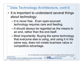 TITLE

                   Data Technology Architecture, cont’d
            • It is important to understand several things
              about technology:
                      – It is never free. Even open-sourced
                        technology requires care and feeding.
                      – It should always be regarded as the means to
                        an end, rather than the end itself.
                      – Most importantly: Buying the same technology
                        that everyone else is using, and using it in the
                        same way, does not create business value or
                        competitive advantage.

                                                                                   from The DAMA Guide to the Data Management Body of Knowledge © 2009 by DAMA International
           PRODUCED BY                                                                                                                CLASSIFICATION DATE           SLIDE
           DATA BLUEPRINT 10124-C W. BROAD ST, GLEN ALLEN, VA 23060                                                                   EDUCATION                             24
11/06/12       © Copyright this and previous years by Data Blueprint - all rights reserved!
 