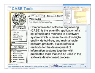 TITLE

                   CASE Tools



                                                                          Computer Aided Software/Systems Engineering
                                                                           Computer-aided software engineering
                                                                          Tools
                                                                           (CASE) is application of a set of tools and methods
                                                                           • Scientific the scientific application of a
                                                                           set of software system which is meant to result in
                                                                              to a tools and methods to a software
                                                                           system which is meantand result in high-
                                                                              high-quality, defect free, to maintainable
                                                                              software products
                                                                           quality, defect-free, and maintainable
                                                                           • Refers to methods for the development of
                                                                           software products. It also refers to
                                                                              information systems together with automated
                                                                           methods for the development of
                                                                              tools that can be used in the software
                                                                           information systems together with
                                                                              development process
                                                                           automated toolsinclude analysis, design, the
                                                                           • CASE functions that can be used in and
                                                                              programming
                                                                           software development process.
                                                                                                         Source: http://en.wikipedia.org/wiki/


           PRODUCED BY                                                                                  CLASSIFICATION DATE              SLIDE
           DATA BLUEPRINT 10124-C W. BROAD ST, GLEN ALLEN, VA 23060                                     EDUCATION                                26
11/06/12       © Copyright this and previous years by Data Blueprint - all rights reserved!
 