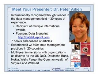 TITLE
         TITLE

                  Meet Your Presenter: Dr. Peter Aiken
             •  Internationally recognized thought-leader in
                the data management field – 30 years of
                experience
                  •  Recipient of multiple international
                     awards
                  •  Founder, Data Blueprint
                      http://datablueprint.com
             •  7 books and dozens of articles
             •  Experienced w/ 500+ data management
                practices in 20 countries
             •  Multi-year immersions with organizations
                as diverse as the US DoD, Deutsche Bank,
                Nokia, Wells Fargo, the Commonwealth of
                Virginia and Walmart
         PRODUCED BY                                                                         CLASSIFICATION DATE     SLIDE
         PRODUCED BY                                                                          CLASSIFICATION* DATE    SLIDE
         DATA BLUEPRINT 10124-C W. BROAD ST, GLEN ALLEN, VA 23060                            EDUCATION                        3
         DATA© BLUEPRINT 10124-C W. BROAD ST, GLEN ALLEN, VA 23060
  11/06/12     Copyright this and previous years by Data Blueprint - all rights reserved!     EDUCATION                       4
11/13/12      © Copyright this and previous years by Data Blueprint - all rights reserved!
 