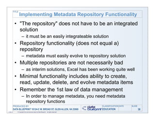 TITLE
                   Implementing Metadata Repository Functionality
            • "The repository" does not have to be an integrated
              solution
                      – it must be an easily integrateable solution
            • Repository functionality (does not equal a)
              repository
                      – metadata must easily evolve to repository solution
            • Multiple repositories are not necessarily bad
                      – as interim solutions, Excel has been working quite well
            • Minimal functionality includes ability to create,
              read, update, delete, and evolve metadata items
            • Remember the 1st law of data management
                      – In order to manage metadata, you need metadata
                        repository functions
           PRODUCED BY                                                                        CLASSIFICATION DATE   SLIDE
           DATA BLUEPRINT 10124-C W. BROAD ST, GLEN ALLEN, VA 23060                           EDUCATION                     38
11/06/12       © Copyright this and previous years by Data Blueprint - all rights reserved!
 