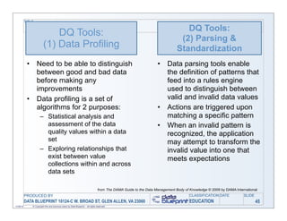 TITLE

                                                                                                                                   DQ Tools:
                               DQ Tools:
                                                                                                                                 (2) Parsing &
                           (1) Data Profiling                                                                                   Standardization
            •       Need to be able to distinguish                                                                   •    Data parsing tools enable
                    between good and bad data                                                                             the definition of patterns that
                    before making any                                                                                     feed into a rules engine
                    improvements                                                                                          used to distinguish between
            •       Data profiling is a set of                                                                            valid and invalid data values
                    algorithms for 2 purposes:                                                                       •    Actions are triggered upon
                       – Statistical analysis and                                                                         matching a specific pattern
                         assessment of the data                                                                      •    When an invalid pattern is
                         quality values within a data                                                                     recognized, the application
                         set                                                                                              may attempt to transform the
                       – Exploring relationships that                                                                     invalid value into one that
                         exist between value                                                                              meets expectations
                         collections within and across
                         data sets

                                                                                    from The DAMA Guide to the Data Management Body of Knowledge © 2009 by DAMA International
           PRODUCED BY                                                                                                                 CLASSIFICATION DATE           SLIDE
           DATA BLUEPRINT 10124-C W. BROAD ST, GLEN ALLEN, VA 23060                                                                    EDUCATION                             45
11/06/12        © Copyright this and previous years by Data Blueprint - all rights reserved!
 