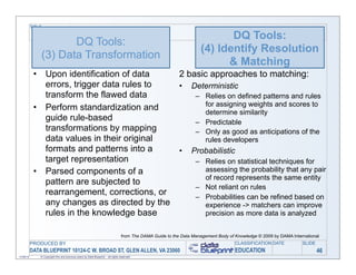 TITLE

                                                                                                                              DQ Tools:
                       DQ Tools:
                                                                                                                       (4) Identify Resolution
                (3) Data Transformation
                                                                                                                             & Matching
            •       Upon identification of data                                                               2 basic approaches to matching:
                    errors, trigger data rules to                                                             •    Deterministic
                    transform the flawed data                                                                        – Relies on defined patterns and rules
            •       Perform standardization and                                                                        for assigning weights and scores to
                                                                                                                       determine similarity
                    guide rule-based                                                                                 – Predictable
                    transformations by mapping                                                                       – Only as good as anticipations of the
                    data values in their original                                                                      rules developers
                    formats and patterns into a                                                               •    Probabilistic
                    target representation                                                                            – Relies on statistical techniques for
            •       Parsed components of a                                                                             assessing the probability that any pair
                                                                                                                       of record represents the same entity
                    pattern are subjected to
                                                                                                                     – Not reliant on rules
                    rearrangement, corrections, or
                                                                                                                     – Probabilities can be refined based on
                    any changes as directed by the                                                                     experience -> matchers can improve
                    rules in the knowledge base                                                                        precision as more data is analyzed


                                                                                    from The DAMA Guide to the Data Management Body of Knowledge © 2009 by DAMA International
           PRODUCED BY                                                                                                                 CLASSIFICATION DATE           SLIDE
           DATA BLUEPRINT 10124-C W. BROAD ST, GLEN ALLEN, VA 23060                                                                    EDUCATION                             46
11/06/12        © Copyright this and previous years by Data Blueprint - all rights reserved!
 