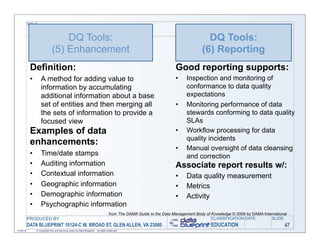 TITLE


                                  DQ Tools:                                                                                         DQ Tools:
                              (5) Enhancement                                                                                     (6) Reporting
            Definition:                                                                                              Good reporting supports:
            •       A method for adding value to                                                                     •    Inspection and monitoring of
                    information by accumulating                                                                           conformance to data quality
                    additional information about a base                                                                   expectations
                    set of entities and then merging all                                                             •    Monitoring performance of data
                    the sets of information to provide a                                                                  stewards conforming to data quality
                    focused view                                                                                          SLAs
            Examples of data                                                                                         •    Workflow processing for data
                                                                                                                          quality incidents
            enhancements:
                                                                                                                     •    Manual oversight of data cleansing
            •       Time/date stamps                                                                                      and correction
            •       Auditing information                                                                             Associate report results w/:
            •       Contextual information                                                                           •    Data quality measurement
            •       Geographic information                                                                           •    Metrics
            •       Demographic information                                                                          •    Activity
            •       Psychographic information
                                                                                    from The DAMA Guide to the Data Management Body of Knowledge © 2009 by DAMA International
           PRODUCED BY                                                                                                                 CLASSIFICATION DATE          SLIDE
           DATA BLUEPRINT 10124-C W. BROAD ST, GLEN ALLEN, VA 23060                                                                    EDUCATION                           47
11/06/12        © Copyright this and previous years by Data Blueprint - all rights reserved!
 